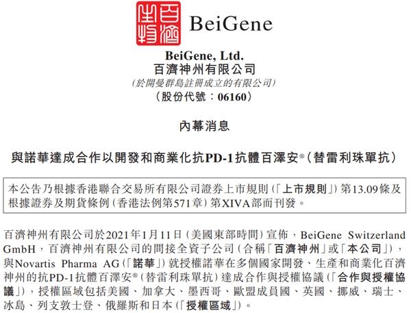百济神州PD-1与诺华合作 将开启全球商业化进程