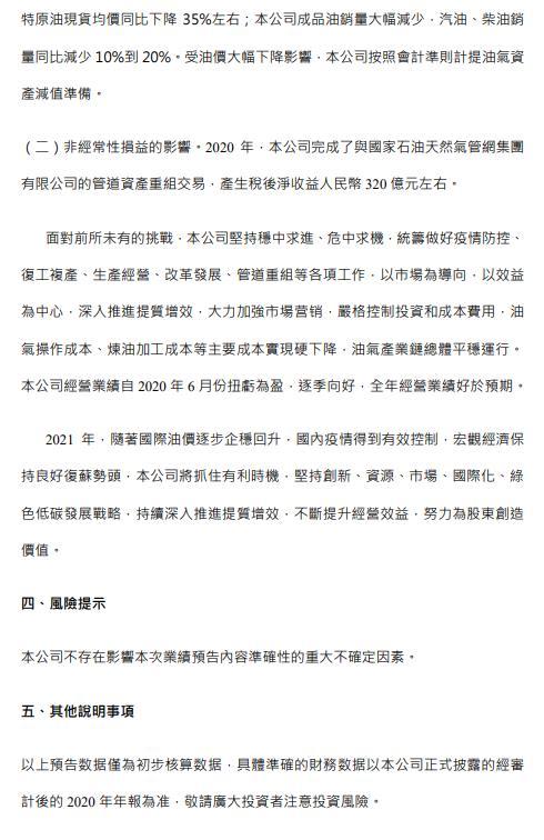 中国石油:2020年归母净利润预降55%到63%