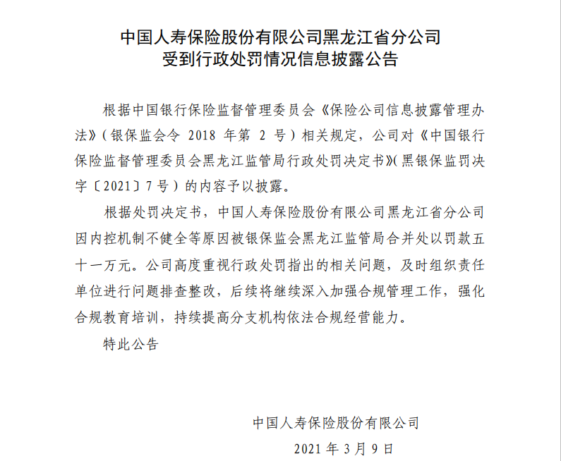 中国人寿员工实名举报后续来了 黑龙江省分公司被罚51万 行业“内卷化”下的痛