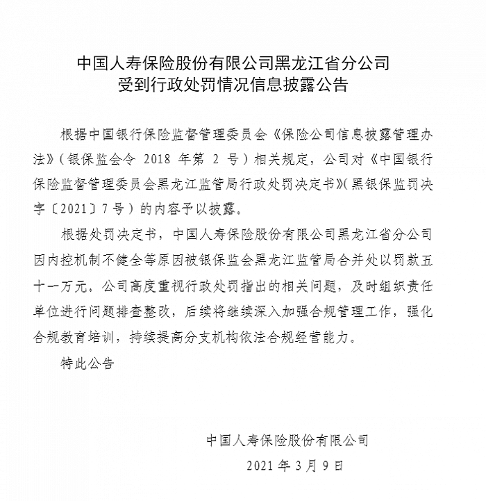 中国人寿黑龙江省分公司被罚51万元:内控机制不健全