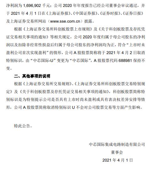 中芯国际：4月2日取消股票简称特别标识U 成为科创板首家摘U企业
