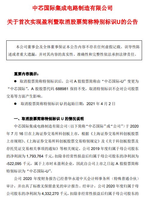中芯国际：4月2日取消股票简称特别标识U 成为科创板首家摘U企业