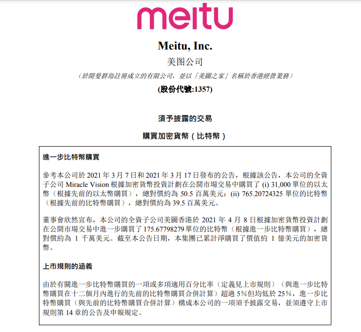 美图：已累计净购买了价值约1亿美元的加密货币