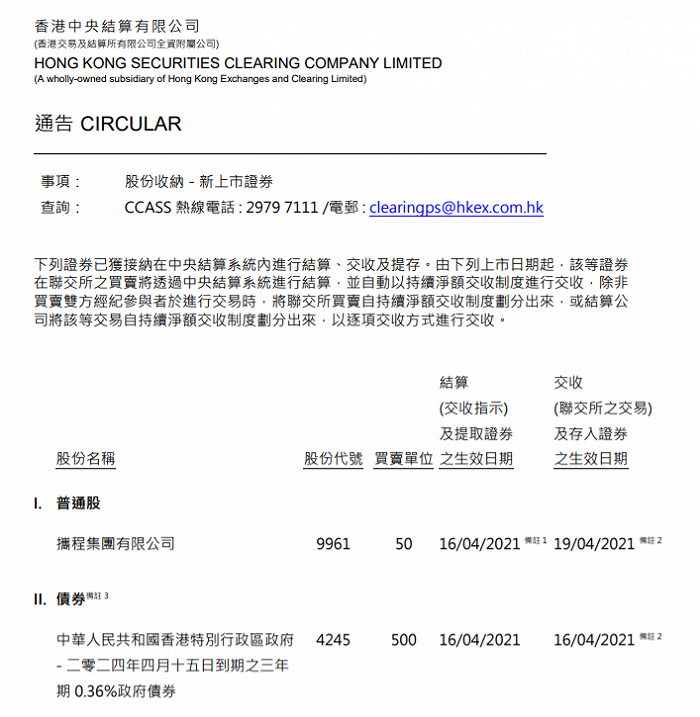 港交所：携程集团获纳入中央结算系统