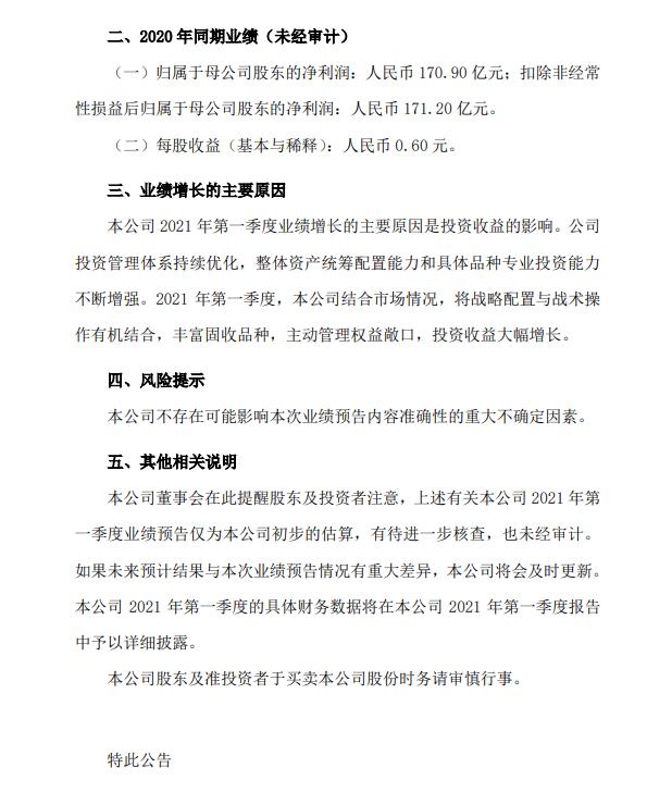 中国人寿:一季度净利同比预增55%至75%