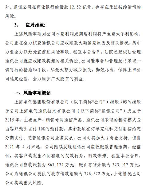 上海电气:子公司应收账款普遍逾期 存在重大损失风险