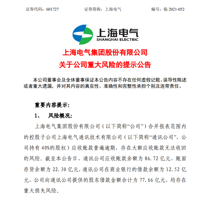 突发！上海电气提示重大风险 或损失83亿净利！交易所紧急发函