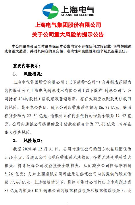 上海电气:子公司应收账款普遍逾期 存在重大损失风险